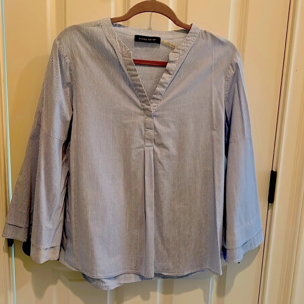 Ivanka Trump cotton blue/white pinstripe tunic blouse, size L, bell sleeves